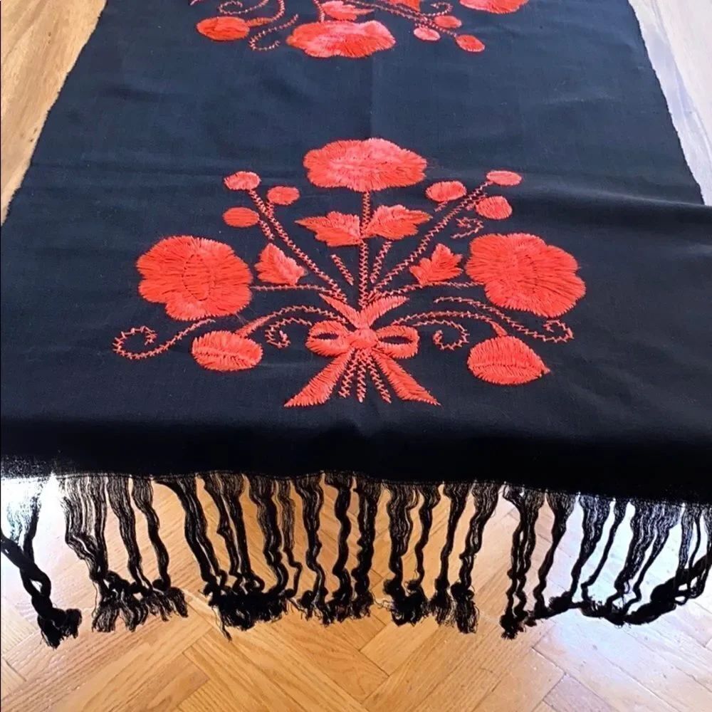 Vintage Black Floral Embroidered Table Runner